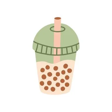 Bubble tea in a plastic takeaway cup with dome lid and straw vector 스톡 일러스트