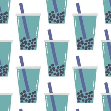 Bubble tea seamless doodle pattern, vector color illustration Stock Illustration