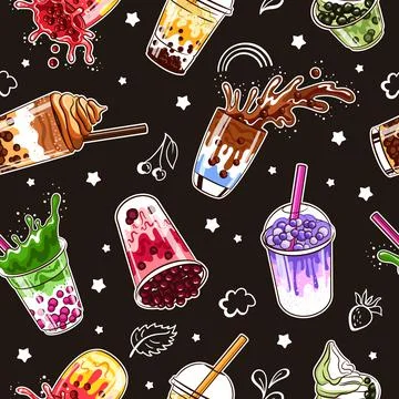 Bubble tea seamless pattern. Bubble milk drink with pearl balls, delicious asian Stock Illustration