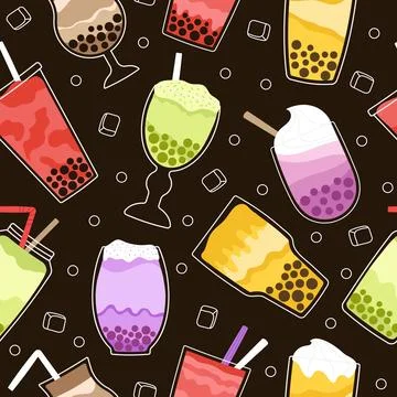 Bubble tea seamless pattern. Bubbles boba drink, milk shakes background. Sweet Stock Illustration