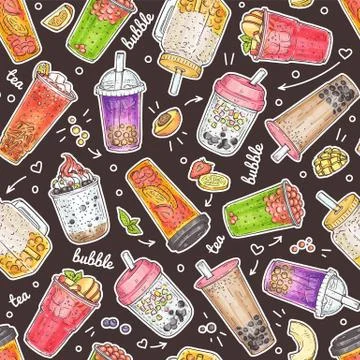 Bubble tea seamless pattern - hand drawn sweet drinks Stock Illustration