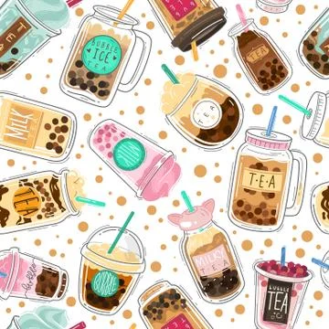 Bubble tea seamless pattern. Taiwanese boba with tapioca balls, pearl milk tea Illustrazione stock