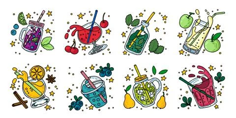 Bubble tea set. Boba beverage drinks in cups with ice, coffee or milk, dess.. Stock Illustration