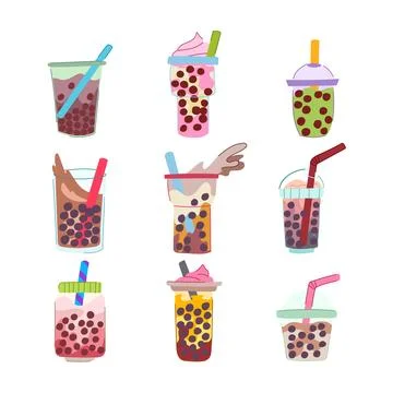 Bubble tea set cartoon vector illustration Stock Illustration