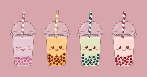 Bubble tea set. Delicious drinks in plastic cups with tube. Vector illustrati Stock Illustration