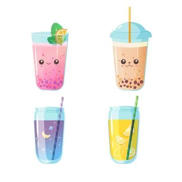 Bubble tea set of milk, fruit, clipart Menu Stock Illustration