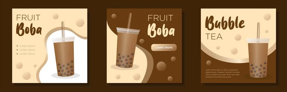 Bubble tea social media post, square banner set, boba pearls drink advertisement Stock Illustration