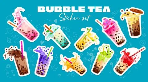 Bubble tea stickers, vector fruit food and drink Stock Illustration