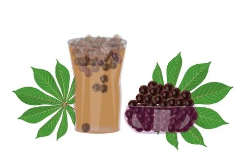 Bubble tea, tapioca pearls and cassava leaf isolated on white background. Stock Illustration