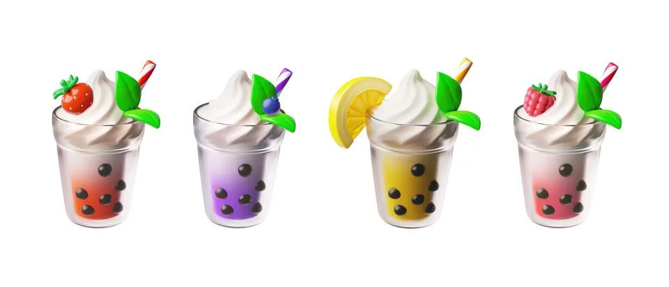 Bubble tea with tapioca pearls and berries, milkshake cocktail with bubbles 3D 스톡 일러스트