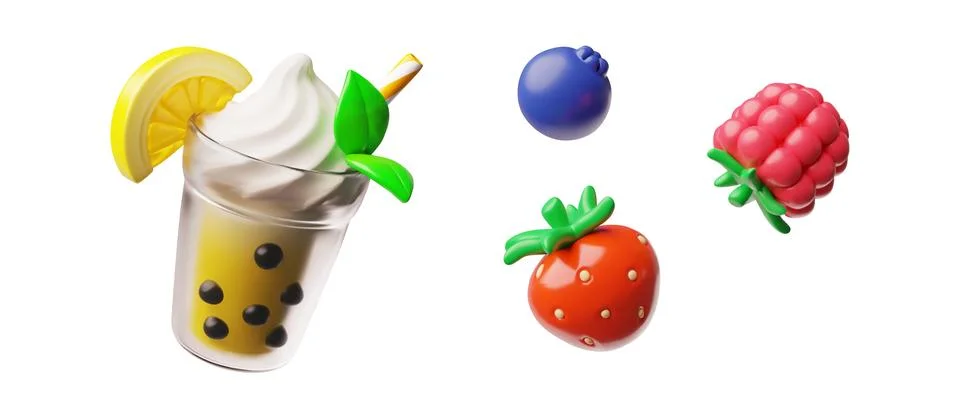 Bubble tea with tapioca pearls, lemon and berries, milkshake cocktail 3D cartoon Stock Illustration