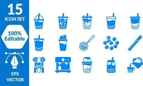 Bubble tea vector icon set collection with drinks, ingredients and equipmen.. 스톡 일러스트