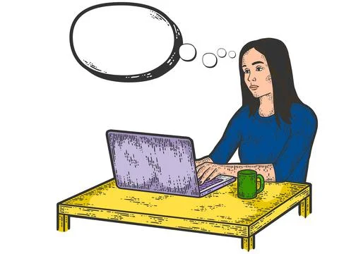 Bubble text, thoughts out loud. Unhappy girl freelancer works at the laptop Stock Illustration