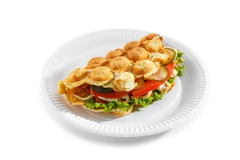 Bubble waffle with cheese, fried chicken, tomato and salad Stock Photos