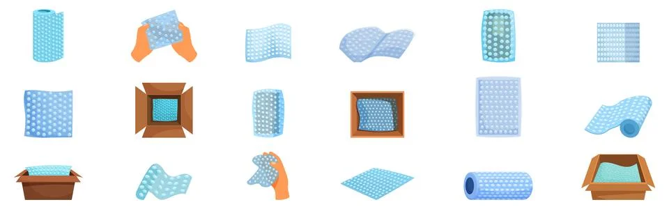 Bubble wrap package icons set. Warehouse worker packing fragile goods using Illustrazione stock