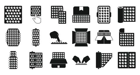 Bubble wrap package icons set. Bubble wrap icons depict various forms of cush Illustrazione stock