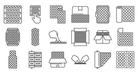 Bubble wrap package icons set. Set of simple black and white icons representi Stock Illustration