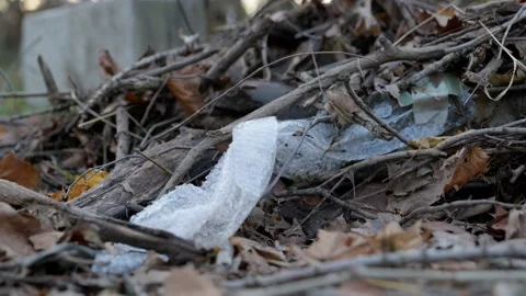 Bubble wrap trash trapped under dead twigs and leaves Stock Footage 144259456