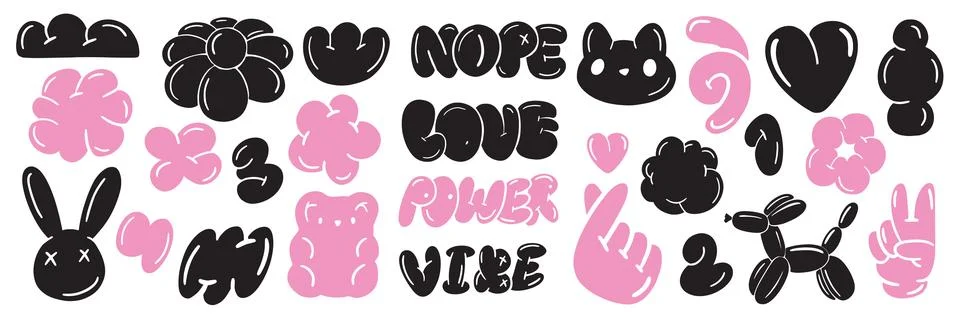Bubble y2k sticker set, vector groovy playful shape kit, funky cute 스톡 일러스트