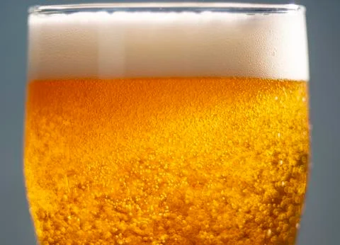 Bubbles and foam in the rays of light in a glass of beer close-up Stock Photos