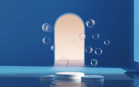 Bubbles and stage in the room, 3d rendering. Illustrazione stock