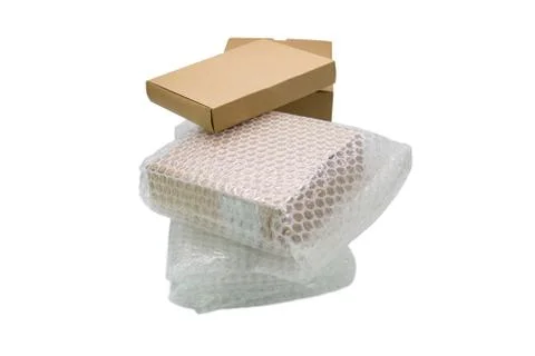 Bubbles covering the box by bubble wrap for protection product 스톡 사진