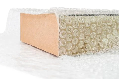Bubbles covering the box by bubble wrap for protection product cracked 스톡 사진