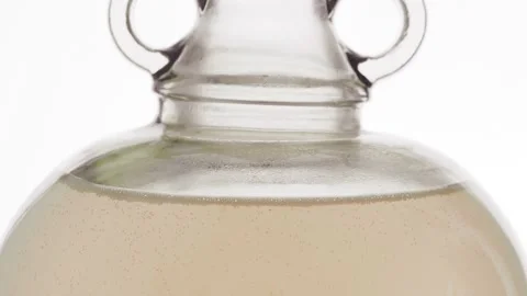 Bubbles due to fermentation in glass demijohn Stock Footage 157444433