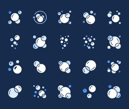 Bubbles flat glyph icons set. Soap foam, fizzy drink, oxygen bubble pictogram Stock Illustration