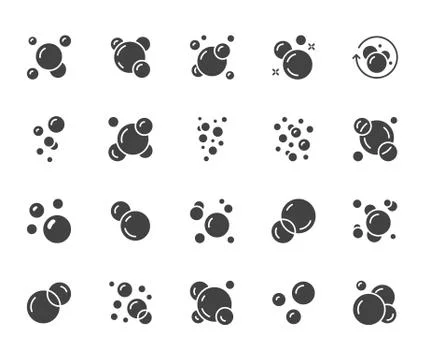Bubbles flat glyph icons set. Soap foam, fizzy drink, oxygen bubble pictogram Stock Illustration