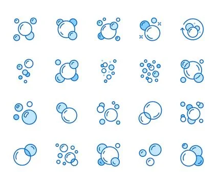 Bubbles flat line icons set. Soap foam, fizzy drink, oxygen bubble pictogram Stock Illustration