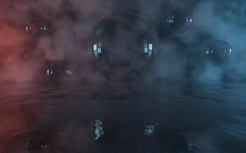 Bubbles float with fog background, 3d rendering. Stock Illustration