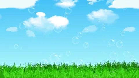Bubbles Floating Above Green Grass With White Clouds Background Stock Footage 143893458