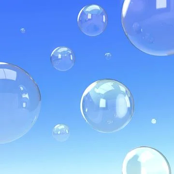 Bubbles flying in the blue sky - floating soap bubbles Stock Photos