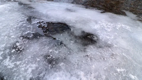 Bubbles move under the ice as water passes below the frozen snow covered river. Stock Footage 120488767