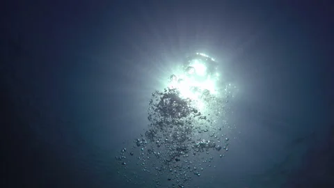 Bubbles of oxygen rise in the water from a scuba diver. Portugal Stock Footage 95907668