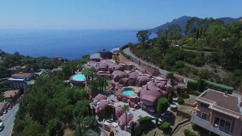 Bubbles Palace villa on mountain and seascape with vessels at summer Stock Footage 70958281