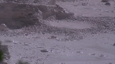 Bubbles rippling across grayish-brown mud, in Yellowstone Park pool. Stock Footage 86756478