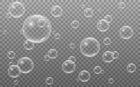 Bubbles on transparent backdrop. Realistic soap bubble. Water balls with Stock Illustration
