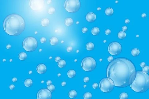 Bubbles underwater texture isolated on blue background. Fizzy sparkles in wat Illustrazione stock