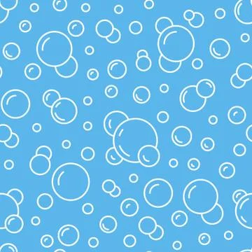 Bubbles vector seamless pattern with flat line icons. Blue white color soap イラスト素材