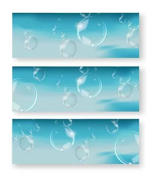 Bubbles in water on blue background horizontal vector. Circle and liquid, light Illustrazione stock