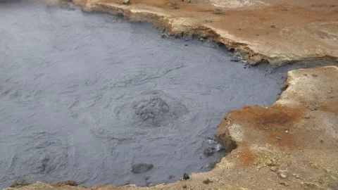 Bubbling Mud Pool in Hverir Geothermal Area Iceland 4K Slow Motion Nature Stock Footage 339814299