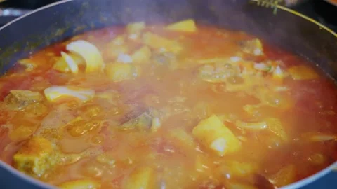 Bubbling potato and beef stew simmering in a pan Stock Footage 331866112