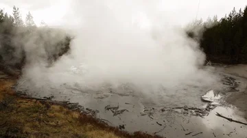 Bubbling Water and Steam in Large Geothermal Hot Spring, Yellowstone Stock Footage 86036735