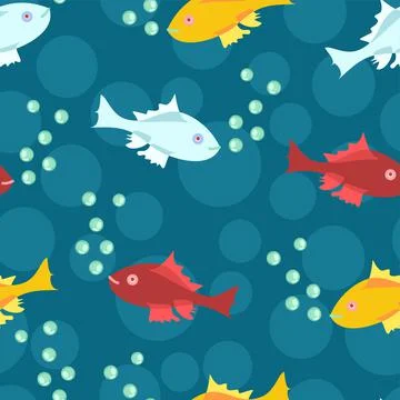 Bubbly Translucent Fish Vector Seamless Repeat Pattern In Blue, Gold, Red And Stock Illustration