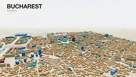 Bucharest 3D isometric city skyline building blocks map animation seamless loop Stock Footage 341472352