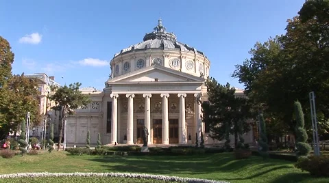 Bucharest athaeneum building, birds flying around, spring atmosphere Stock Footage 41804245