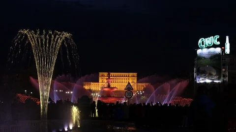 Bucharest Building Iconic Landmark and Beautiful Water Fountain Night Light Show Stock Footage 107863827