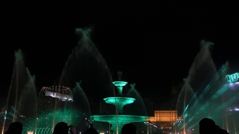 Bucharest Centre and Parliament Palace Beautiful Water Fountain Night Light Show Stock Footage 107864111
